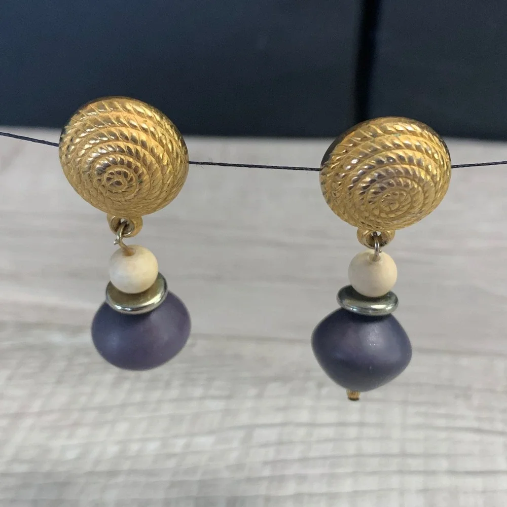 Vintage Gold Tone Spiral Stud Purple Cream Bead Drop Earrings Post Back Boho